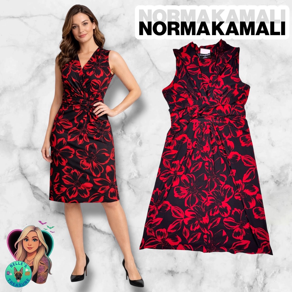 Norma Kamali Womens Medium Red Black Floral Faux Wrap Slimming V-Neck Midi Dress